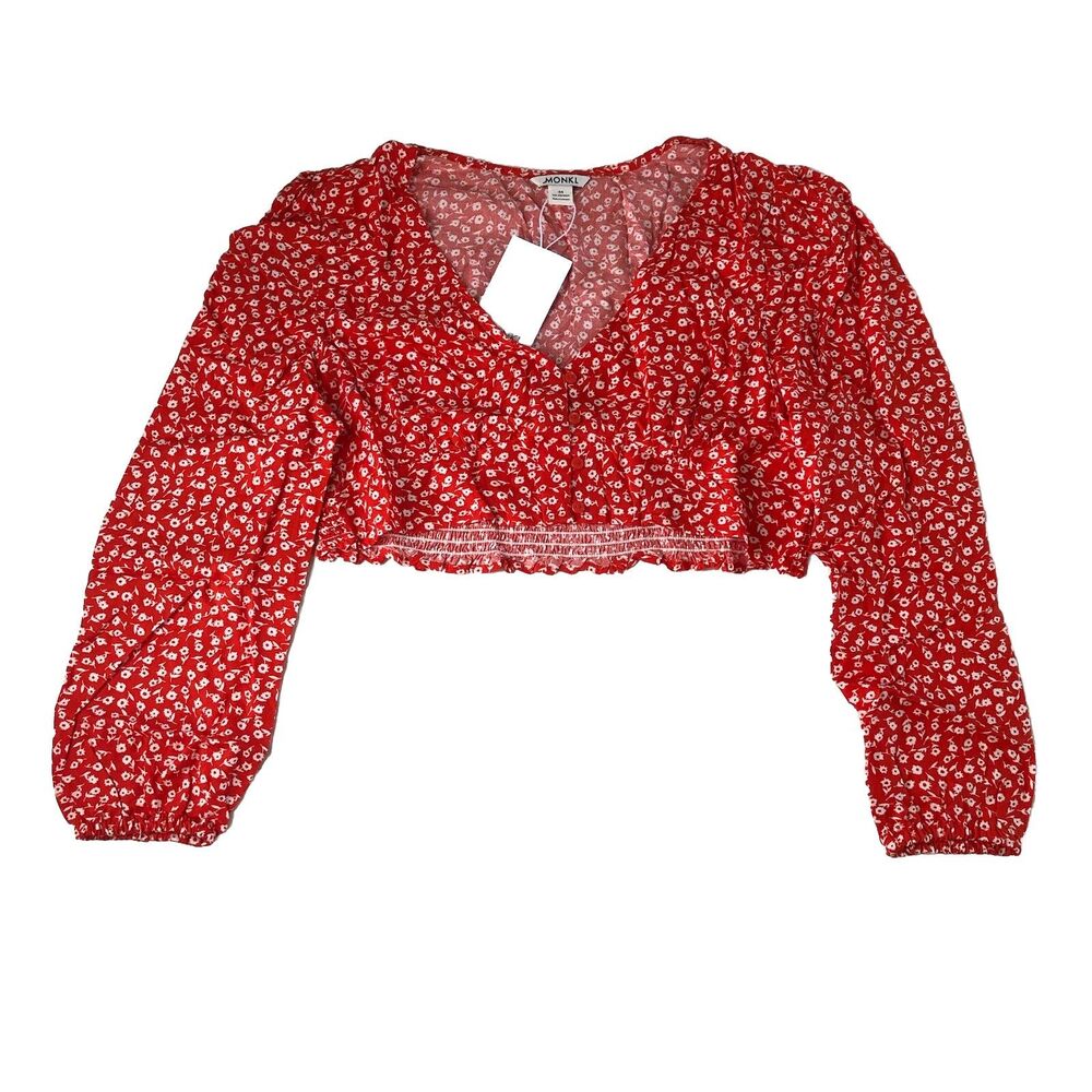 Monki Women’s Red Floral Crop Blouse Button Front L/S Size 44 / US 12 NWT